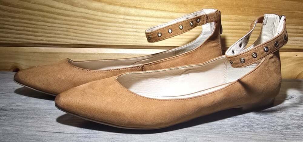 Cato Women's Brown Suede Pointed Toe Ankle Strap Flats -Size 11M Zip Studded